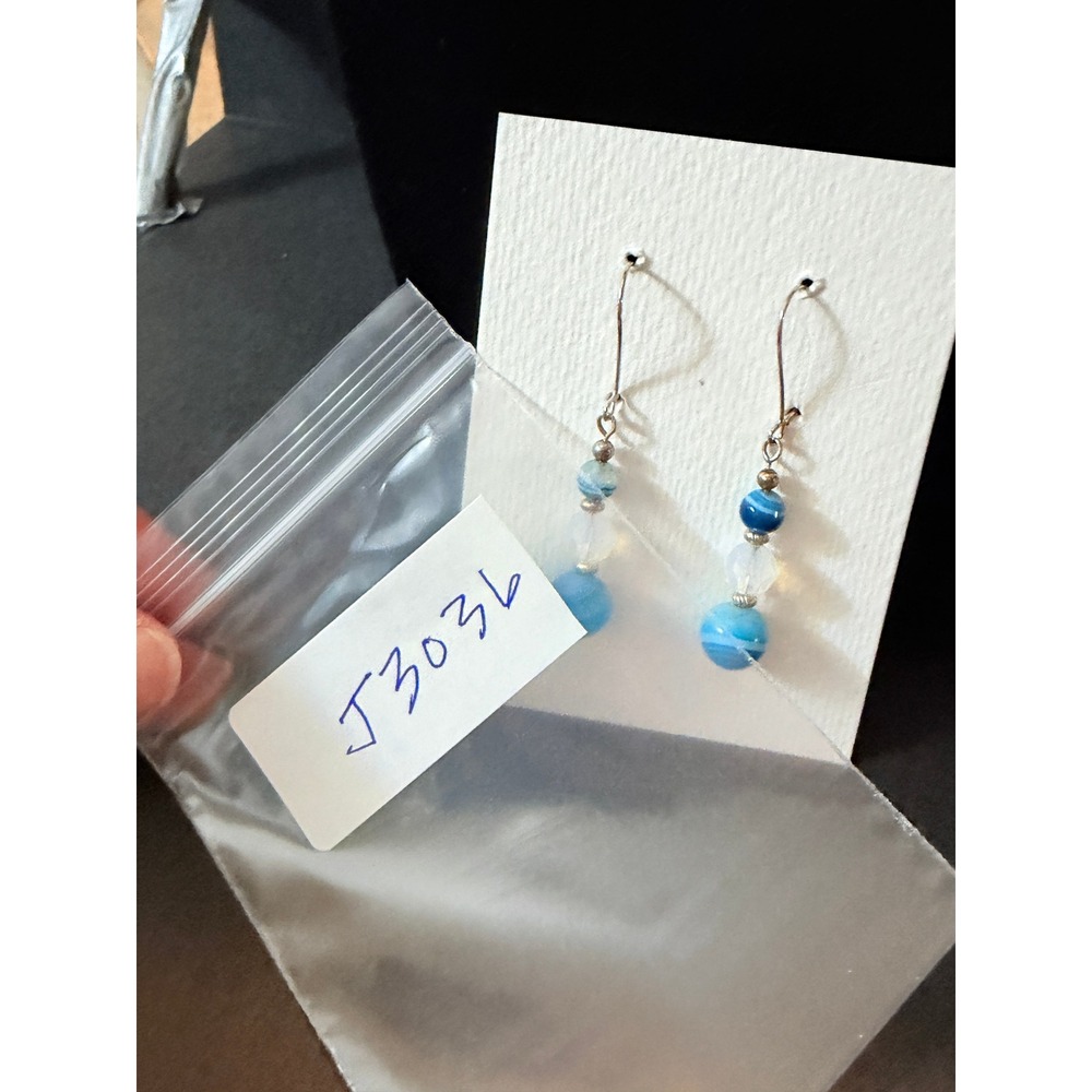 Blue Banded Agate Crystal Drop Earrings Artisan Dangle Stephanie Aune   J3036 - Picture 3 of 4